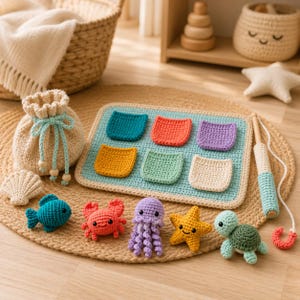 Puede incluir: Un juego de pesca de ganchillo que incluye un tablero rectangular azul claro con seis bolsillos coloridos, una bolsa de almacenamiento con cordón, una caña de pescar y cinco criaturas marinas de peluche: pez, cangrejo, medusa, estrella y tortuga.