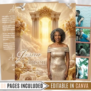 May include: A memorial announcement featuring a woman in a gold dress, with the name "Jessica Johnson" prominently displayed. The design includes floral and architectural elements, with the text "In Loving Memory" at the top. Additional photos are included.