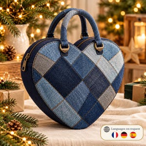 Denim Heart Bag Sewing Pattern PDF, Patchwork Handbag from Upcycled Jeans, Lined Zipper Purse, A4 & US Letter, Instant Download - Digital