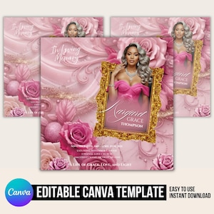 May include: A pink Canva template for a memorial service. The design features a photo in a gold frame, roses, and decorative elements. Text includes "In Loving Memory" and the name "Margaret Grace Thompson."