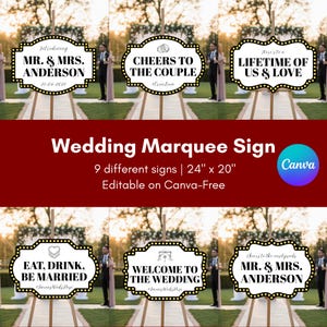 May include: A collection of wedding marquee signs with various phrases like "Mr. & Mrs. Anderson" and "Cheers to the Couple." The signs are 24 inches by 20 inches and are displayed on wooden easels. The signs have a black and white design.