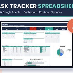 Peut inclure: Un tableur de suivi des tâches numérique affiché sur un écran d'ordinateur portable, comprenant un tableau de bord avec des tableaux de données, des graphiques de progression et un diagramme circulaire. Le texte indique TASK TRACKER SPREADSHEET, 11 TABS.