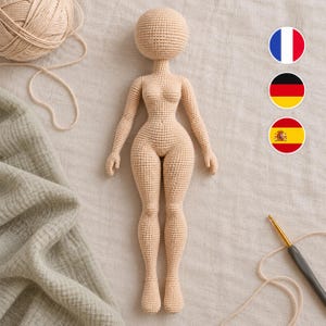 May include: A beige crochet doll with a spherical head, slender arms, and defined legs. The doll is crafted from light-colored yarn with a visible stitch pattern throughout its entire body, featuring a smooth, rounded torso and limbs.