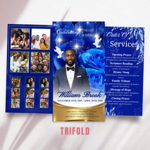 May include: A trifold memorial card with a portrait of a man in a suit, surrounded by blue floral designs and family photos. The card includes the text "Celebrating The Life & Legacy" and "Order of Services."