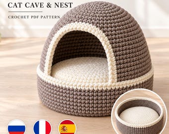 May include: A dome-shaped crochet cat cave and nest featuring brown yarn with a cream-colored interior and trim. The text BURROW CAT CAVE & NEST CROCHET PDF PATTERN is visible at the top. An inset shows the bed in a flat, open-nest configuration.