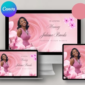 May include: A digital memorial design featuring a woman in a pink dress, surrounded by pink flowers. The text reads "In Loving Memory Juliana Brooks Forever in Our Hearts" on a computer, laptop, and tablet screen. A Canva logo is in the upper left.