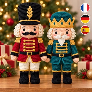 May include: Two crocheted nutcracker dolls. The left doll wears a black hat with a yellow wheat design, a red jacket with yellow trim, and white pants. The right doll wears a yellow crown, a teal jacket with yellow trim, and teal pants.
