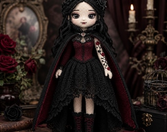 Patrón de ganchillo en PDF de muñeca vampiro rosa gótica, patrón de muñeca amigurumi victoriana, muñeca vampiro romántica oscura, ganchillo gótico de Halloween