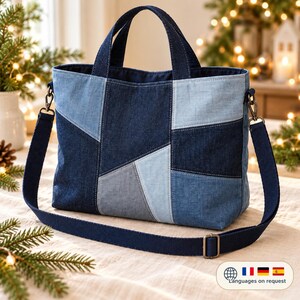 Cartamodello PDF per borsa tote in denim, borsa patchwork in jeans riciclati con tracolla regolabile, formato A4 US Letter, download immediato, cartamodello digitale