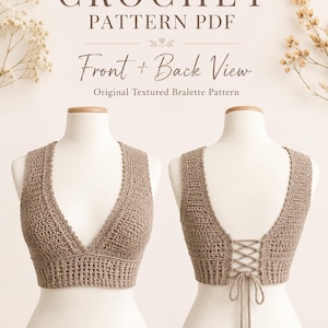 Crochet Bralette Pattern PDF, Boho Crop Top Crochet Pattern, Deep V Neck Bralette, Lace Up Back Top, XS-2XL Instant Download