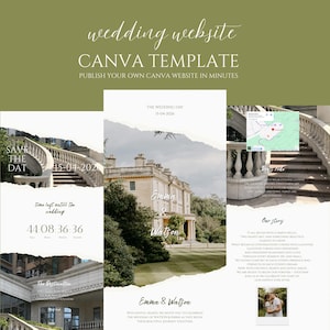 Könnte beinhalten: Eine Canva-Vorlage für eine Hochzeitswebsite mit grünem Hintergrund. Das Design umfasst ein Foto eines Gebäudes, eine Treppe und den Text "wedding website" und "Canva Template". Die Vorlage ist für die schnelle Veröffentlichung konzipiert.