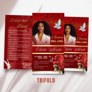 May include: A trifold memorial card with a red background and floral accents. The card features a portrait of a woman, doves, and the text "A Life Well Lived" and "A Journey Well Lived". The name "Olivia Wilson" is also displayed.