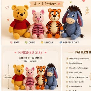 May include: A 4-in-1 crochet pattern bundle titled Storybook Friends featuring four stuffed animal characters: a yellow bear in a red shirt, a pink pig, an orange tiger, and a blue donkey. The finished size is approximately 9 to 13 inches tall.