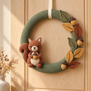 Puede incluir: Una corona circular de ganchillo en color verde salvia que presenta una ardilla marrón sosteniendo una pequeña bellota. La corona está decorada con varias hojas tejidas en tonos oliva, mostaza y óxido, junto con varias bellotas pequeñas marrones y beige.