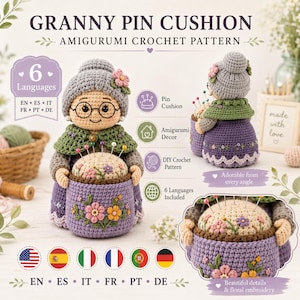 Schema per puntaspilli a forma di nonna all'uncinetto in formato PDF, schema amigurumi della nonna, disponibile in 6 lingue: inglese, spagnolo, italiano, francese, portoghese e tedesco, tutorial fai da te all'uncinetto, download immediato.