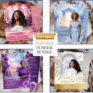 May include: A bundle of eight editable funeral templates. Each template features a portrait of a person, with design elements including flowers, doves, and angel wings. The templates are in various colors, including pink, blue, and purple.