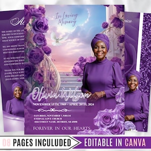 May include: A memorial service announcement featuring a woman in a purple dress and head wrap, surrounded by purple roses. The text reads "In Loving Memory" and includes the name "Olivia Wilson" and service details.