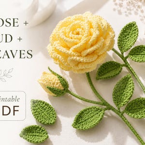 Häkelanleitung für eine Rose (PDF), Häkelblumenmuster, handgefertigte Rose mit Stiel, Blättern und Knospe, anfängerfreundliche Fotoanleitung, DIY-Geschenk