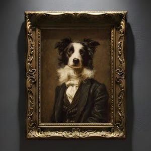 Może przedstawiać: Oprawiony portret psa rasy Border Collie w formalnym stroju. Pies, z czarno-białym futrem, ma na sobie ciemny garnitur z białym kołnierzem z falbankami. Ozdobna złota rama dodaje dziełu elegancji.