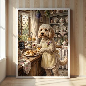 Pode incluir: Uma impressão de arte de parede emoldurada retratando um cão de pelo creme usando um avental amarelo claro com acabamento em renda. O cão está numa cozinha ao lado de um suporte de níveis cheio de scones e uma placa FRESH SCONES TODAY.