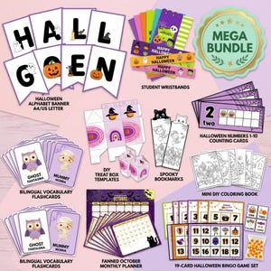 Puede incluir: Un paquete de actividades de Halloween que incluye una pancarta alfabética, pulseras, plantillas para cajas de dulces, marcapáginas, libros para colorear, tarjetas didácticas bilingües, un planificador mensual de octubre y un juego de bingo.