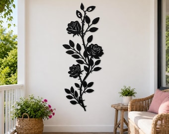 Metal Rose Wall Art, Botanical Vine Decor, Rustic Floral Accent