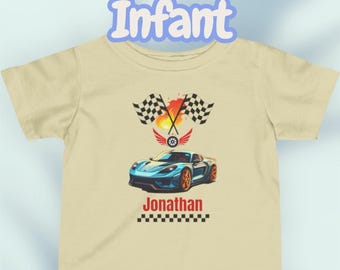 Racing Car personalized Name infantTee,Checkered Flags, Race Car Graphic
