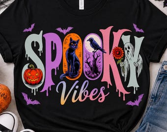 PNG com vibrações assustadoras, PNG de fantasma retrô de Halloween, estampa de camiseta com gato preto, corvo e abóbora, download digital fofo para sublimação de Halloween