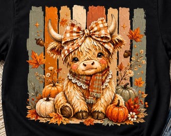 Vaca das Terras Altas no Outono PNG, Vaca das Terras Altas Coquette PNG, Vaca fofa de outono com laço, Design de sublimação de abóbora, Download de PNG para camiseta de outono