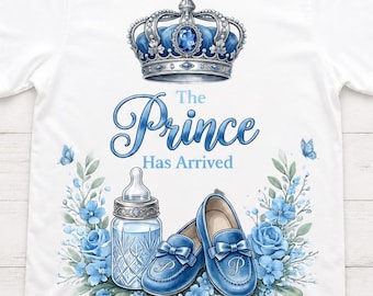 Der Prinz ist da (PNG), Babyankündigung für einen Jungen (PNG), Babyparty-Sublimationsdruck mit blauer Krone, T-Shirt-Design mit königlichem Prinzenmotiv, Sofort-Download