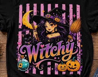PNG de bruxa, PNG de bruxa fofa para o Halloween, estampa de camiseta de bruxa sedutora, sublimação de gato preto para o Halloween, PNG para a temporada assustadora, download digital
