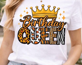 Rainha do Aniversário PNG, Estampa Animal de Leopardo e Zebra para Camiseta de Aniversário, Arquivo de Sublimação com Coroa Glamorosa, PNG de Aniversariante Selvagem, Download Digital