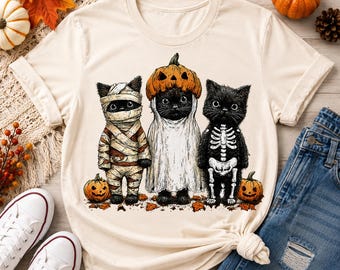 PNG de gato de Halloween, PNG de gato preto fofo de Halloween, sublimação de gatinho fantasma com abóbora, design de camiseta para a temporada assustadora para download digital