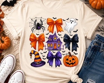 Coquette Halloween PNG, estampa fofa de fantasma, abóbora, chapéu de bruxa e casa assombrada para camiseta, download digital por sublimação para a temporada assustadora.