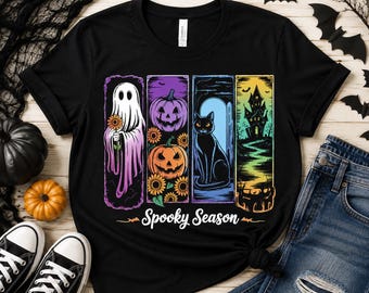 PNG da Temporada Assustadora, Fantasma, Abóbora, Gato Preto, Casa Assombrada PNG, Design Retrô para Camiseta de Halloween, Download Digital Fofo para Sublimação