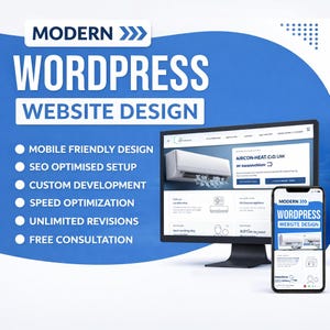 May include: A blue promotional graphic for WordPress website design. It shows a computer monitor and a smartphone displaying website examples. Text highlights features such as mobile-friendly design, SEO setup, and custom development.