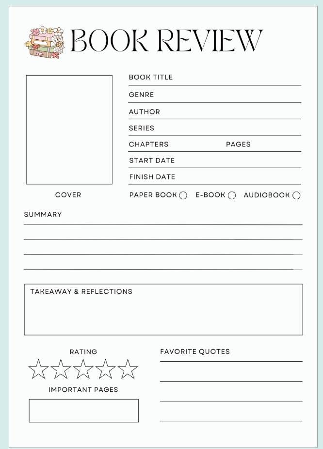 Printable Book Review Template | A4 Reading Journal Form (digital ...