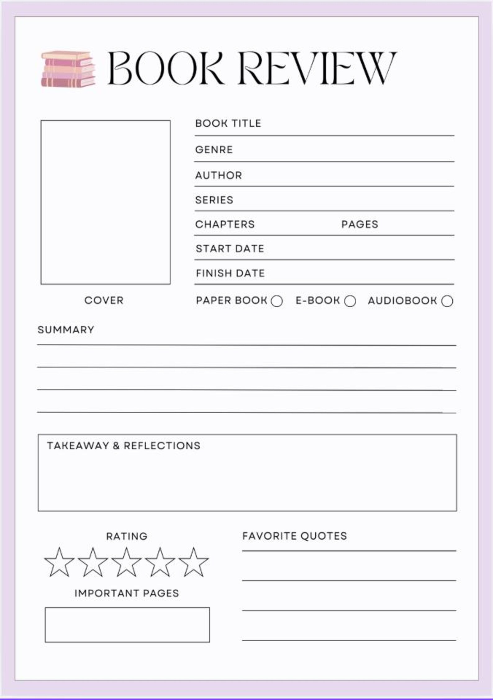Printable Book Review Template | A4 Reading Journal Form (digital ...