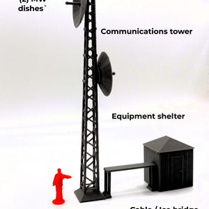 May include: A miniature communications tower model with (2) MW dishes, an equipment shelter, and a cable/ice bridge. The model is black and includes the text "Communications tower", "Equipment shelter", and "Cable / Ice bridge". A small red figure is included for scale.