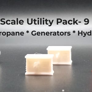 May include: HO scale utility pack with nine pieces. The set includes miniature propane tanks, generators, and fire hydrants. The propane tanks and generators are off-white, while the fire hydrants are bright red. The text "HO Scale Utility Pack - 9 pieces" is at the top.