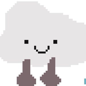 May include: A pixelated illustration of a smiling cloud with arms. The cloud is white with black eyes and a curved mouth. The arms are gray and raised, giving a thumbs-up gesture. The background is white.