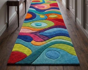 Abstract Wool Runner Rug | Modern Colorful Hand Tufted Hallway Carpet | 2.6x6 ready to ship