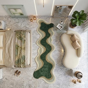 Tapis capitonné à la main avec motif ondulé vert, passage de couloir moderne irrégulier