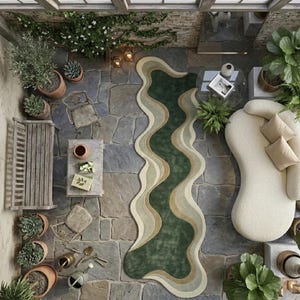 May include: An overhead view of a living space with a wavy, green and beige area rug. The room features a white sofa, stone flooring, and potted plants. A small table and chair are also present, creating a cozy, inviting atmosphere.