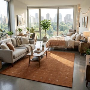 Terrakotta Kreuzstich Teppich | Boho Modern | Hand getuftet Wolle | Wohnzimmer | Kundenspezifische Größen