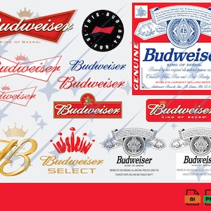 May include: A collection of Budweiser logos and labels in red, white, and gold. The designs include the Budweiser name in various fonts, a circular logo, and a label with text about the beer's ingredients.