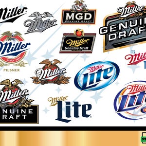 May include: A selection of Miller beer logos in diverse styles. The logos display the word "Miller" in various fonts, frequently accompanied by an eagle motif. Some logos incorporate the phrases "Genuine Draft," "Lite," and "Pilsner."