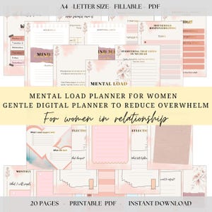 Könnte beinhalten: Ein digitaler Planer in Rosa- und Weißtönen. Er enthält Seiten für das Management der mentalen Belastung, Haushaltsverantwortlichkeiten und Reflexion. Der Text lautet "Mental Load Planner for Women" und "Gentle Digital Planner to Reduce Overwhelm."