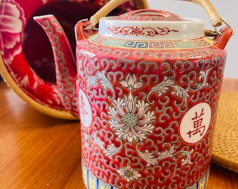 Vintage Chinese Teapot with original bamboo basket