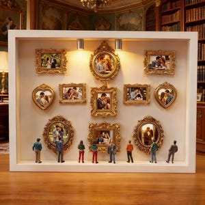 May include: A white display case featuring several ornate gold picture frames, each containing a photograph of a couple. Miniature figures are positioned below the frames. The frames are in various shapes, including rectangular, oval, and heart-shaped.
